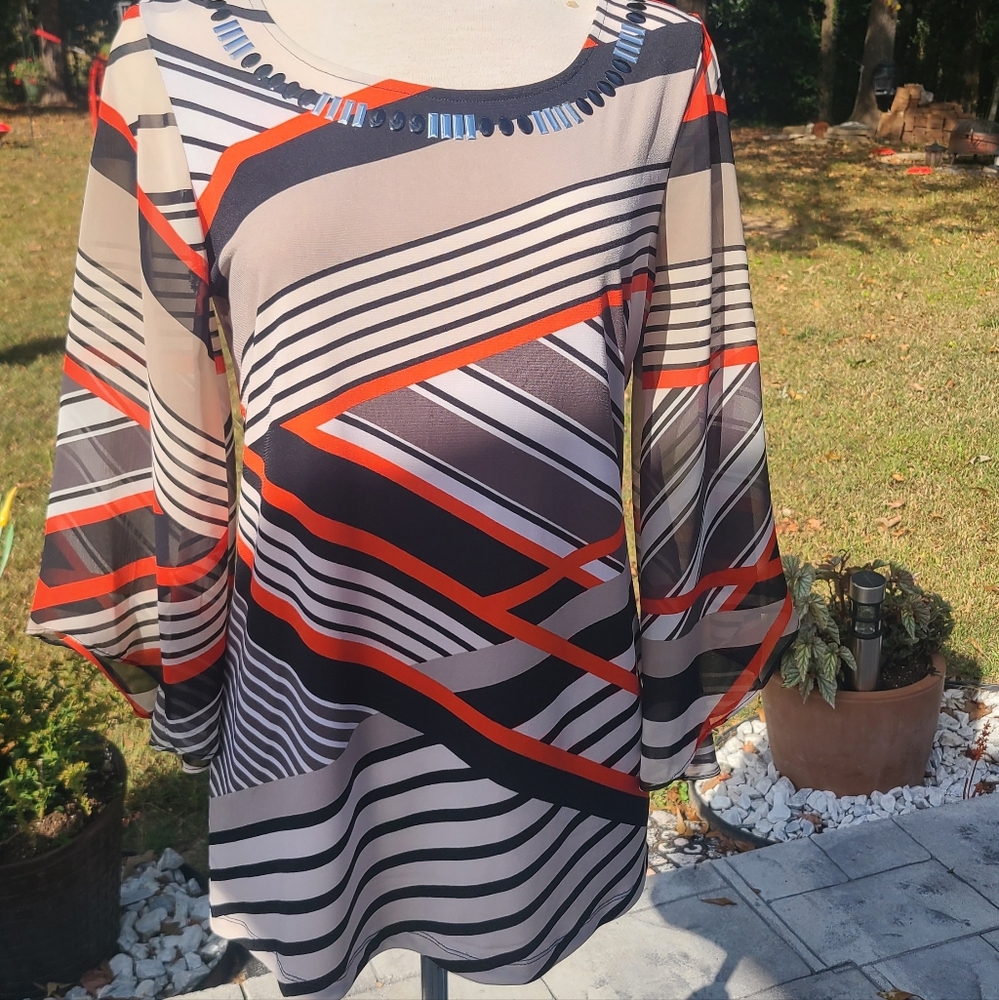 Alfani Geometric Striped Blouse - Black, Red, Cream